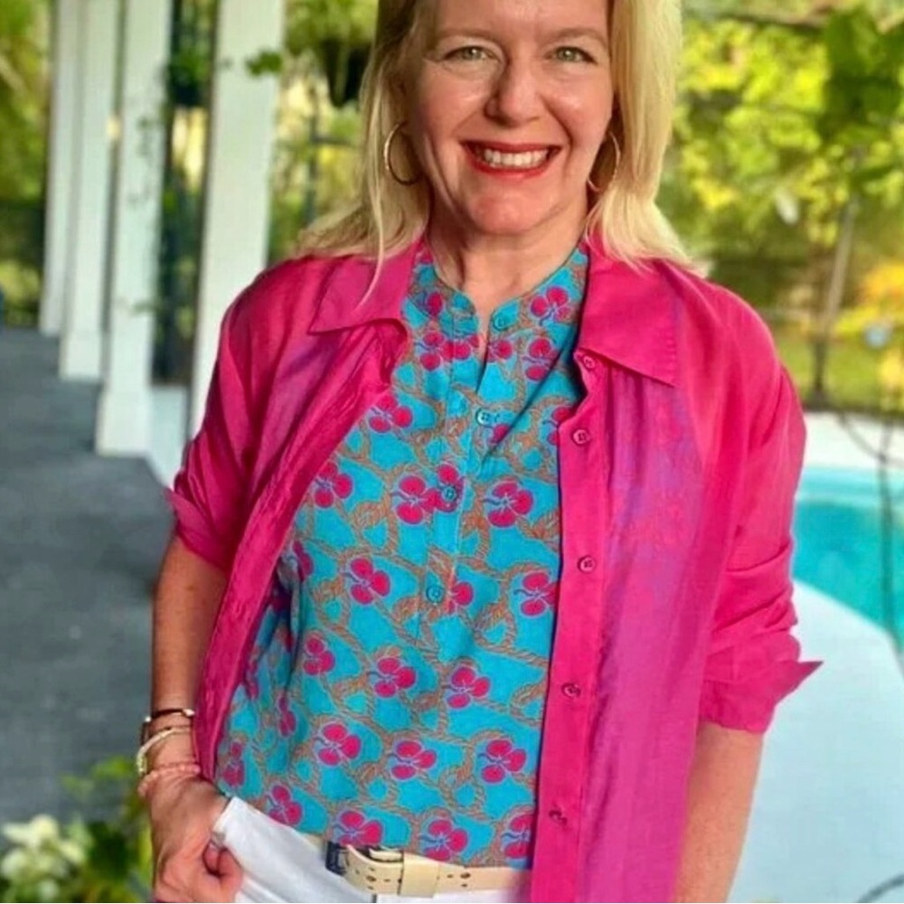 Cabi #6628 Tempo Top, floral nautical-inspired pattern in pink & orange small